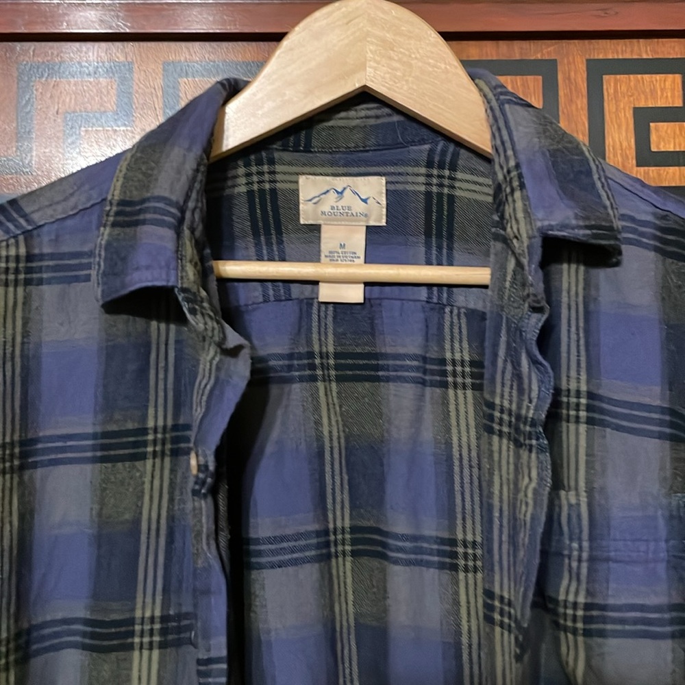 Blue Mountain Men's M Blue Green Plaid Flannel Shirt Long Sleeve Button Up - Picture 5 of 12